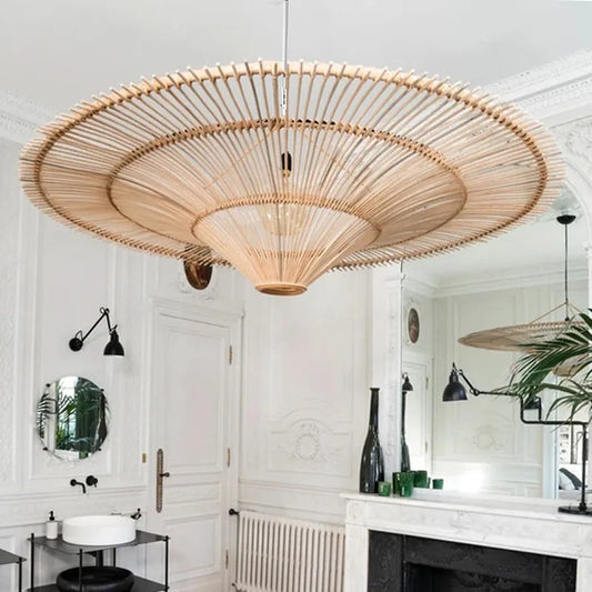 Wabi Sabi Japanese Rattan Pendant Light - Handmade Straw Hat Chandelier for Unique Decor