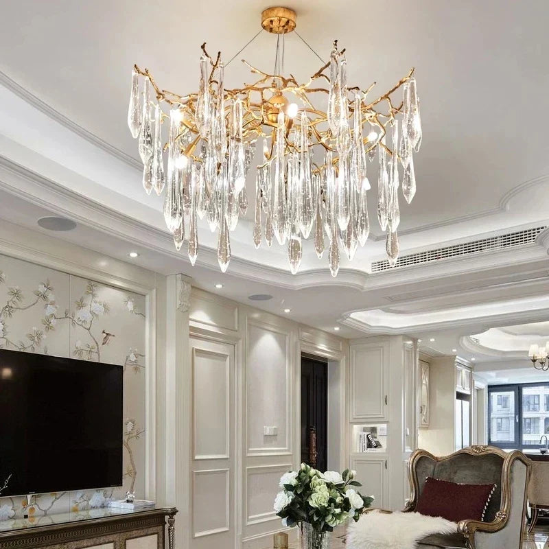 Modern Crystal Chandeliers - Luxury Living and Dining Room Lighting with Bar Design, Featuring Branch Pendant Lights and Crystal Water Drop Accents