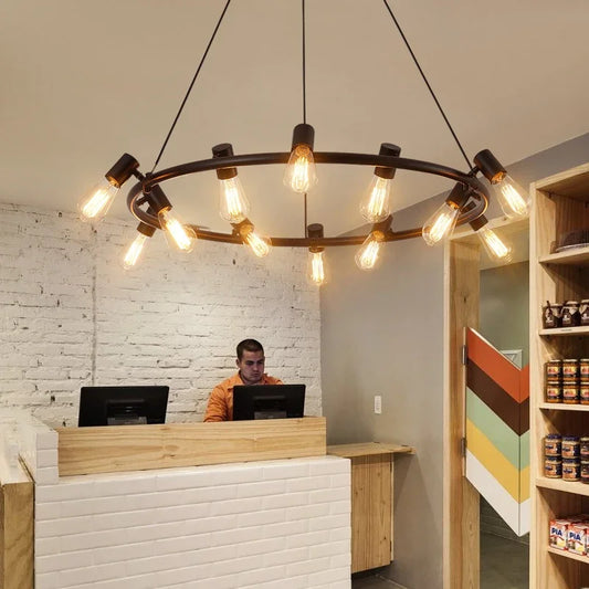 Lucie's American Vintage Round Chandelier - Adjustable Height Pendant for Dining Room and Coffee Shop