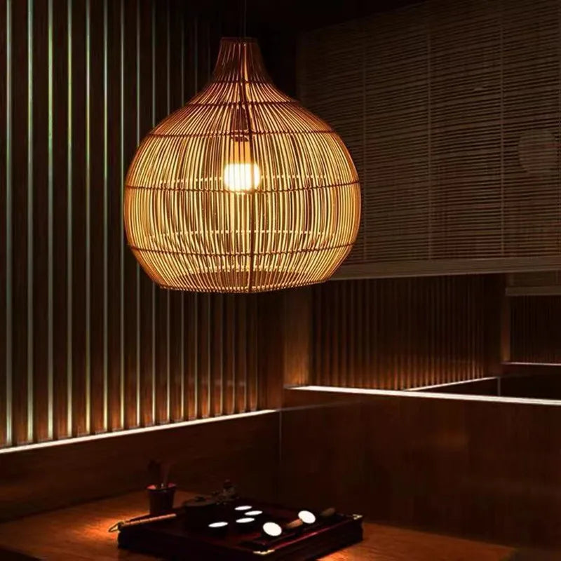 Japanese Handmade Rattan Woven Pendant Lamp - Artful Lighting for Rural Retro Decor