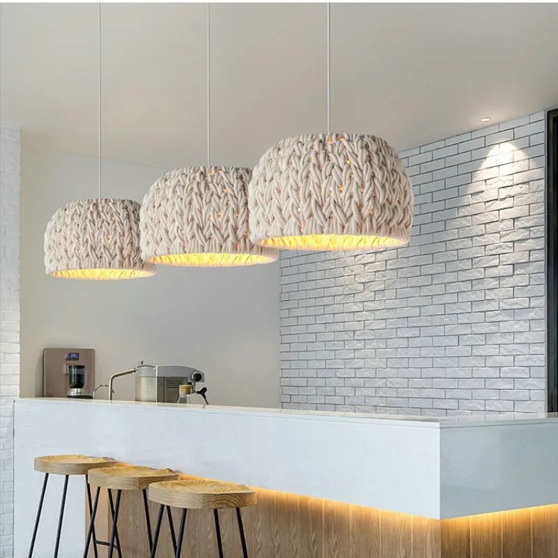 Nordic Wabi Sabi E27 LED Pendant Lights - Knitted Rope Minimalism Hanging Lamp for Dining Room and Unique Suspend Light Fixtures