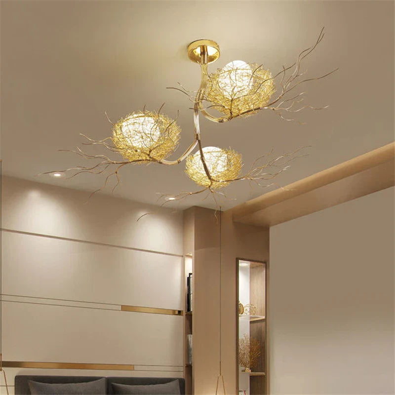 Modern LED Gold Bird's Nest Chandeliers - Illuminate Your Living, Dining, and Kitchen Spaces with Unique Elegance
