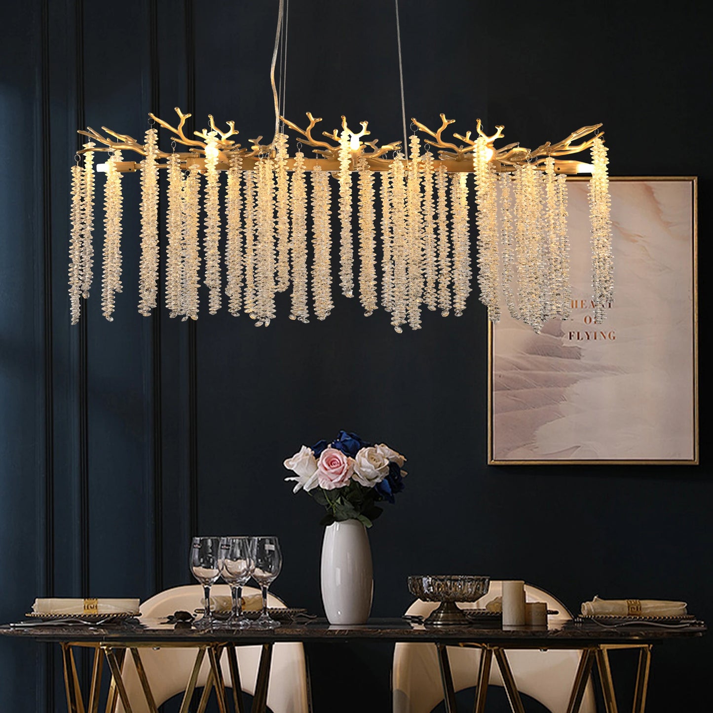 39.4inch Modern Golden Chandelier with Cascading Crystal String, Perfect for Living Room, Dining Room and Foyer, High-End Decorative Lamps (Bulb Not Included)