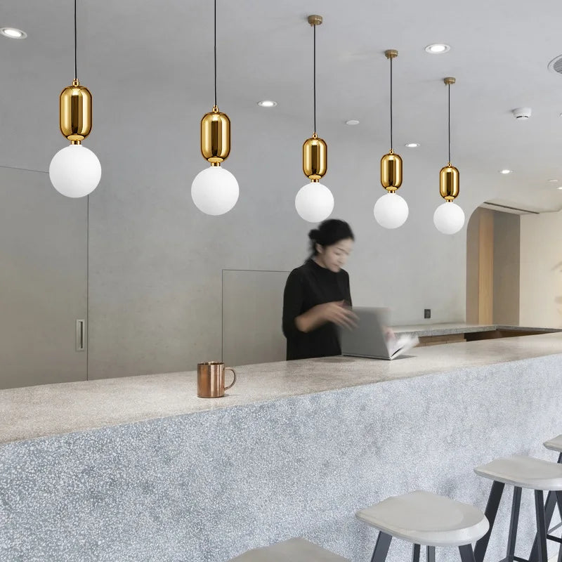 Modern Glass Ball Pendant Light Fixture - Elegant Luminaire Hanging Lamp with Gold Ring for Bedrooms, Living Rooms, Shops, and Restaurants
