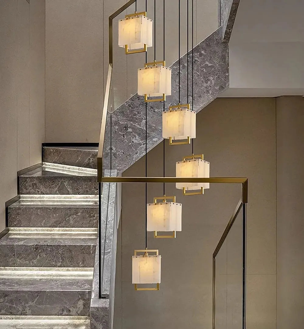 Modern Natural Marble LED Living Room Chandeliers - Elegant Lighting Fixtures for Staircases, Lofts, and Dining Rooms