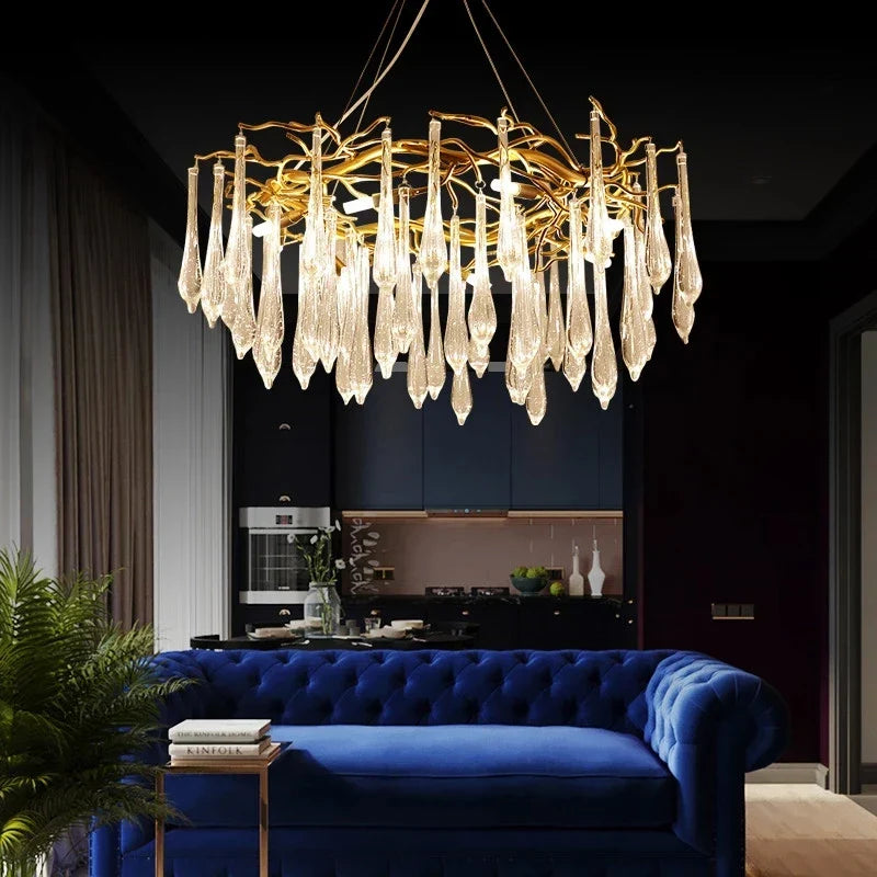 Modern Crystal Chandeliers - Luxury Living and Dining Room Lighting with Bar Design, Featuring Branch Pendant Lights and Crystal Water Drop Accents