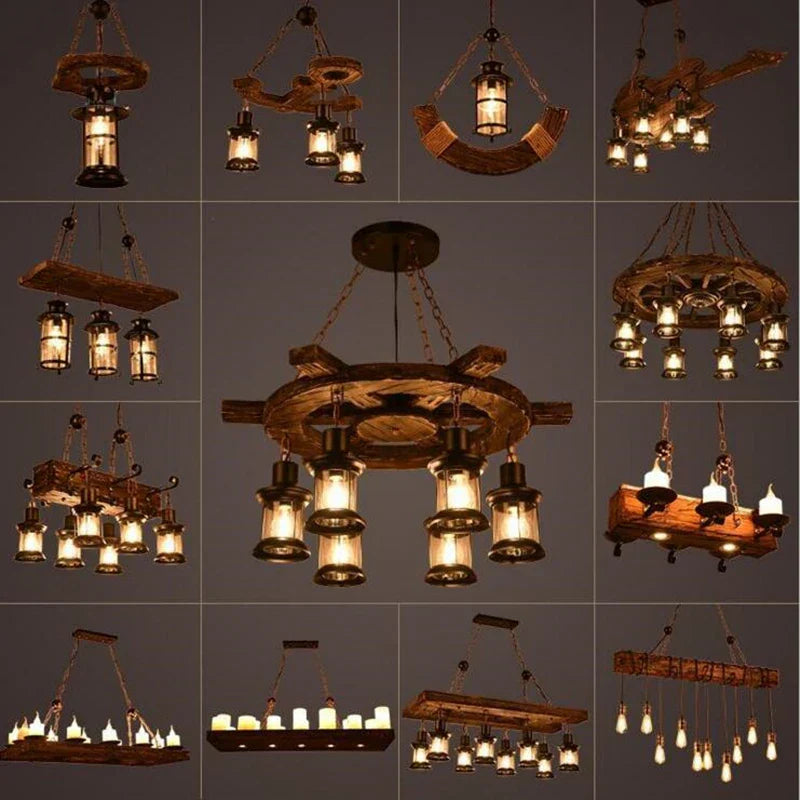 Antique Industrial Retro Wood E27 LED Ceiling Chandelier - Creative Vintage Pendant Lighting for LOFT, Bar, and More