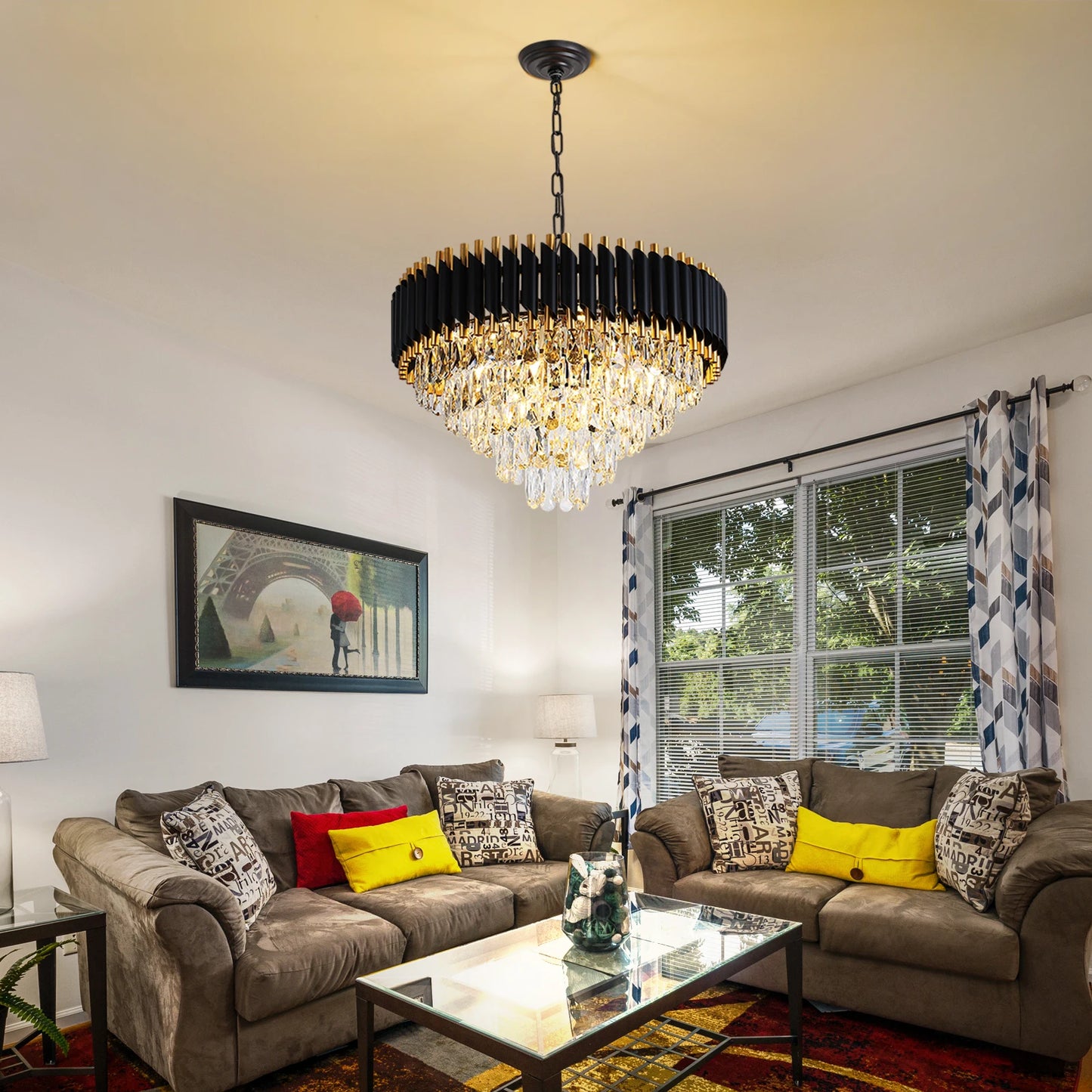 Modern Crystal Chandeliers 5-Tier K9 Round Black and GoldCrystal Chandeliers Light Fixture 12 Lights