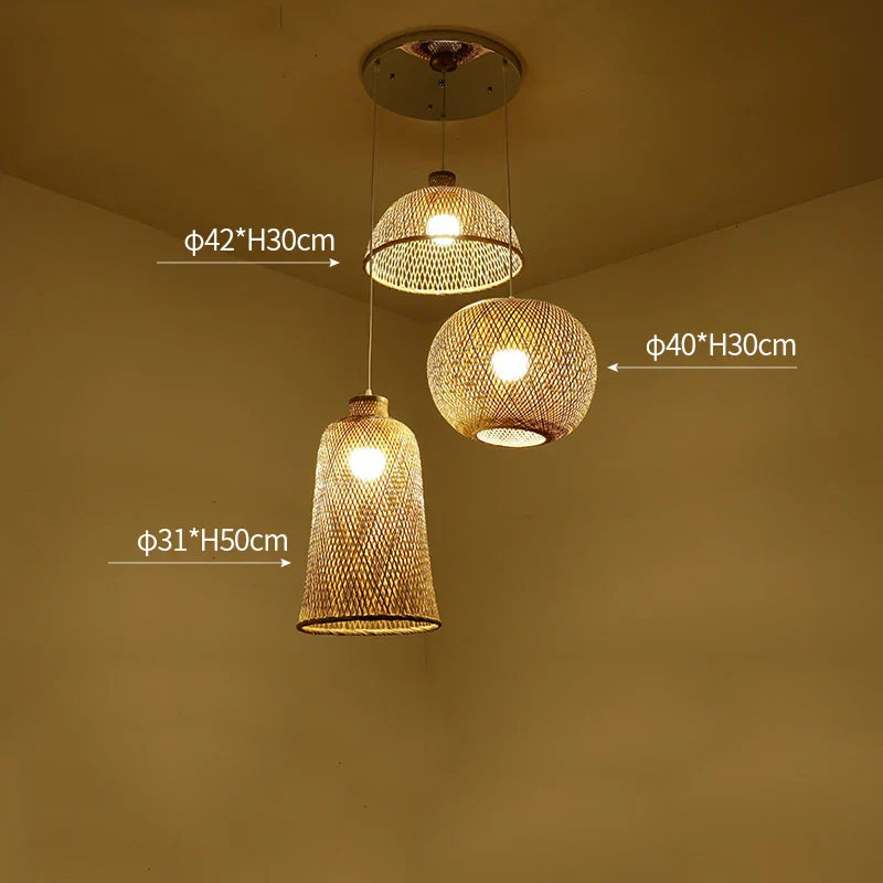 Set of 3 Modern Hand-Knitted Bamboo Rattan Pendant Lights - Weaving Elegance for Your Home