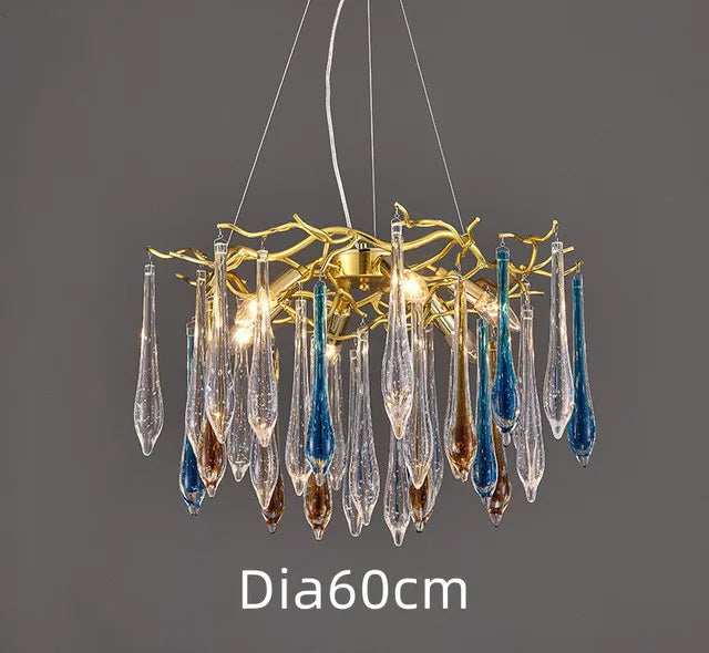 Modern Crystal Chandeliers - Luxury Living and Dining Room Lighting with Bar Design, Featuring Branch Pendant Lights and Crystal Water Drop Accents