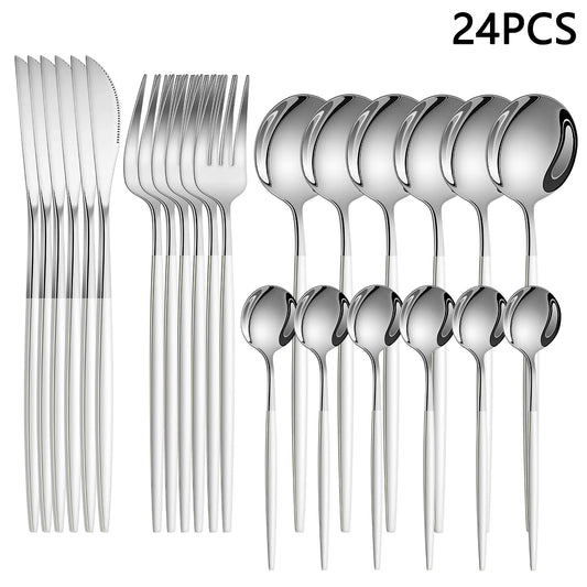 Dining & Tableware: 4/6/16/24pcs Household stainless steel cutlery set Thin Portuguese cutlery includes steak knife, fork, soup spoon, coffee spoon by DaAvere Home