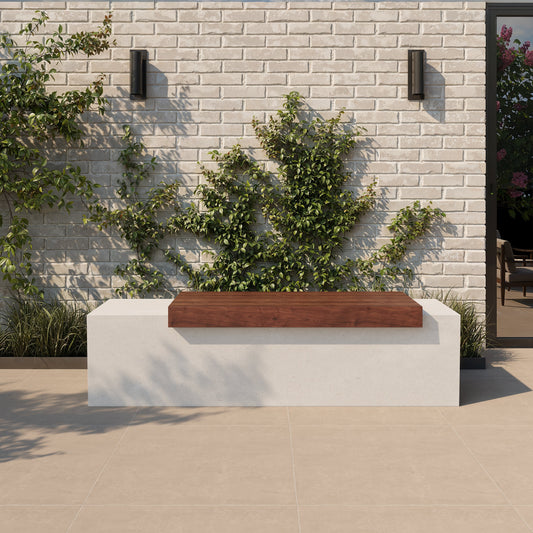 Garden & Outdoor: Tapered Bench with Wooden Planks - White GFRC Concrete Bench by ModaConcrete - Direct source for architectural and precast concrete