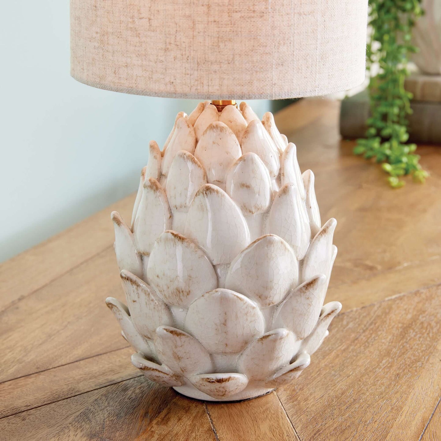 Vintage Artichoke Ceramic Table Lamp with Linen Shade