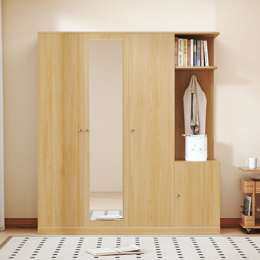 Bedroom Bedding & Decor: 4-Door Wardrobe with Shelves, Drawers, and Full-Length Mirror, Natural by Streamdale Furniture