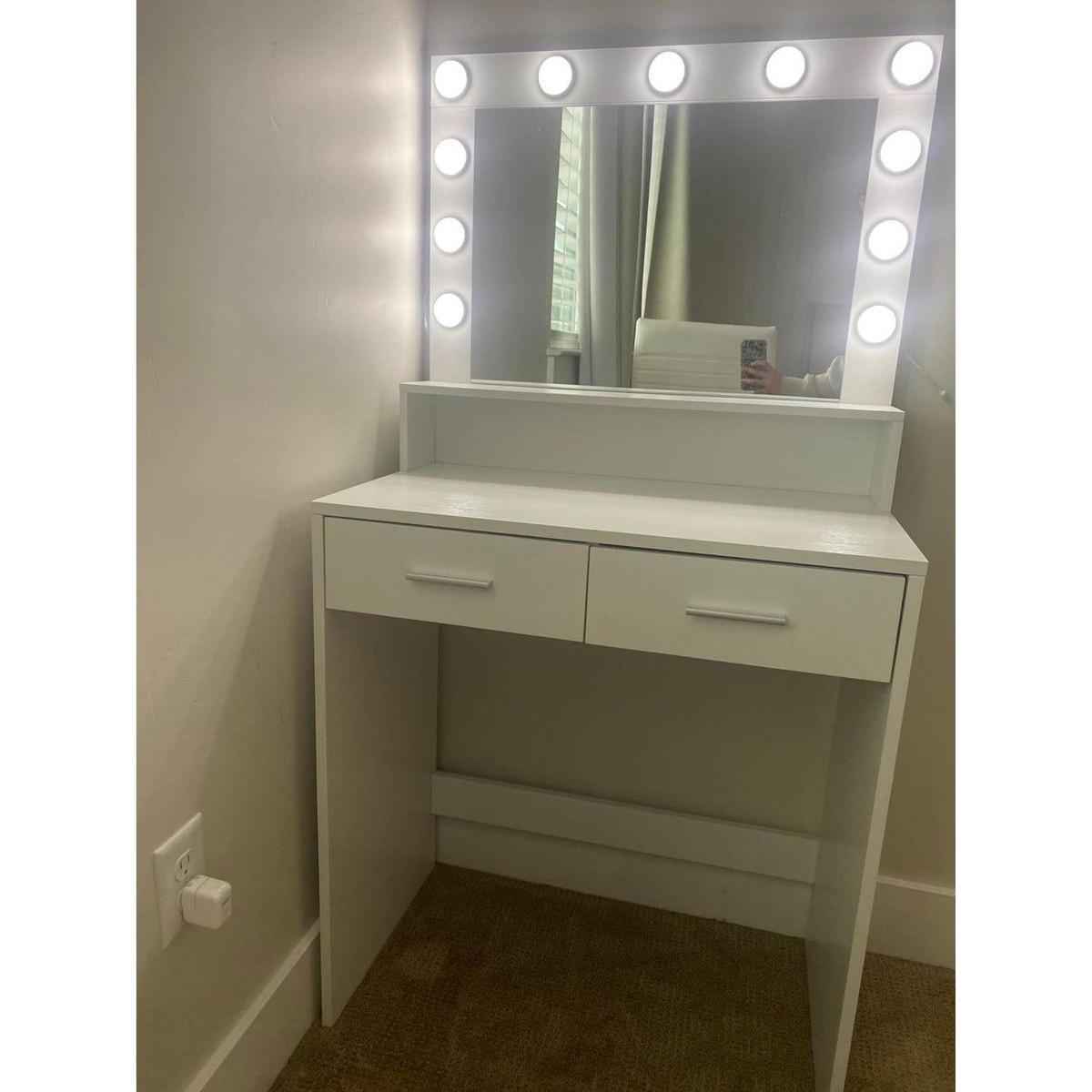 Vanity Desk with Mirror and Lights, Dressing Table with Large Drawer, 2 Level Storage Dresser & 3 Lighting Modes Adjustable Brightness, Suitable for Bedroom(White)