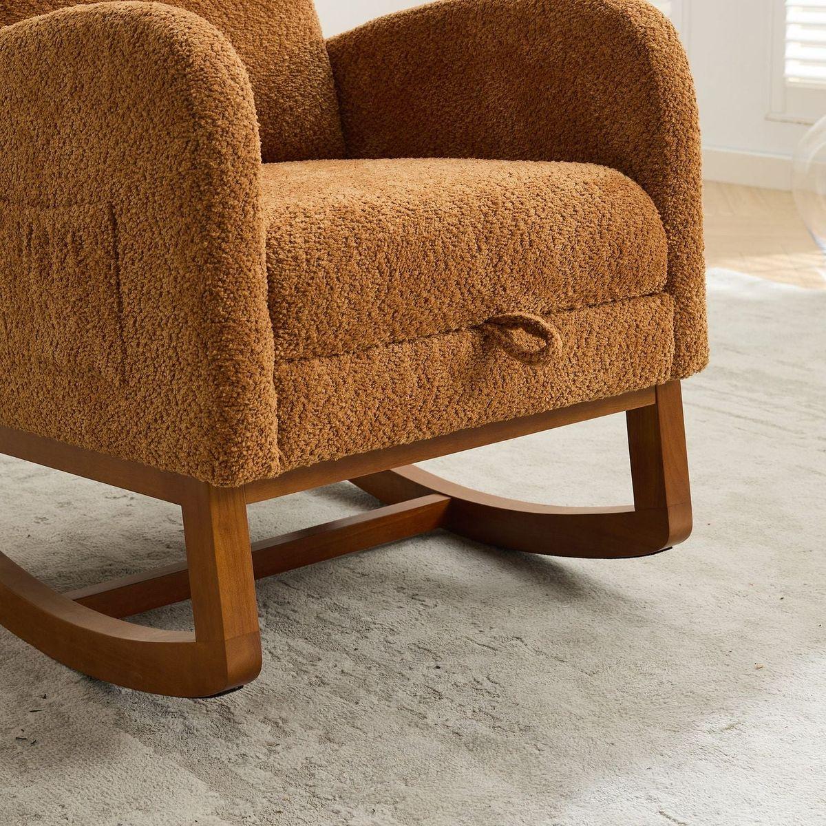 25.4"W Rocking Chair for Nursery, High Back Glider Chair with Retractable Footrest, Side Pocket, Rocking Accent Armchair with Rubber Wood Legs for Living Room/Bedroom.Caramel