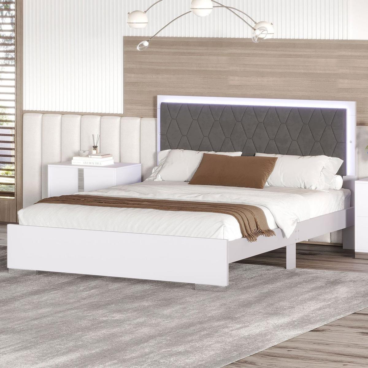 Bedroom Bedding & Decor: Queen Size Upholstered Bed with LED Light,Modern Platform Bed with with Velvet Headboard,White by Streamdale Furniture