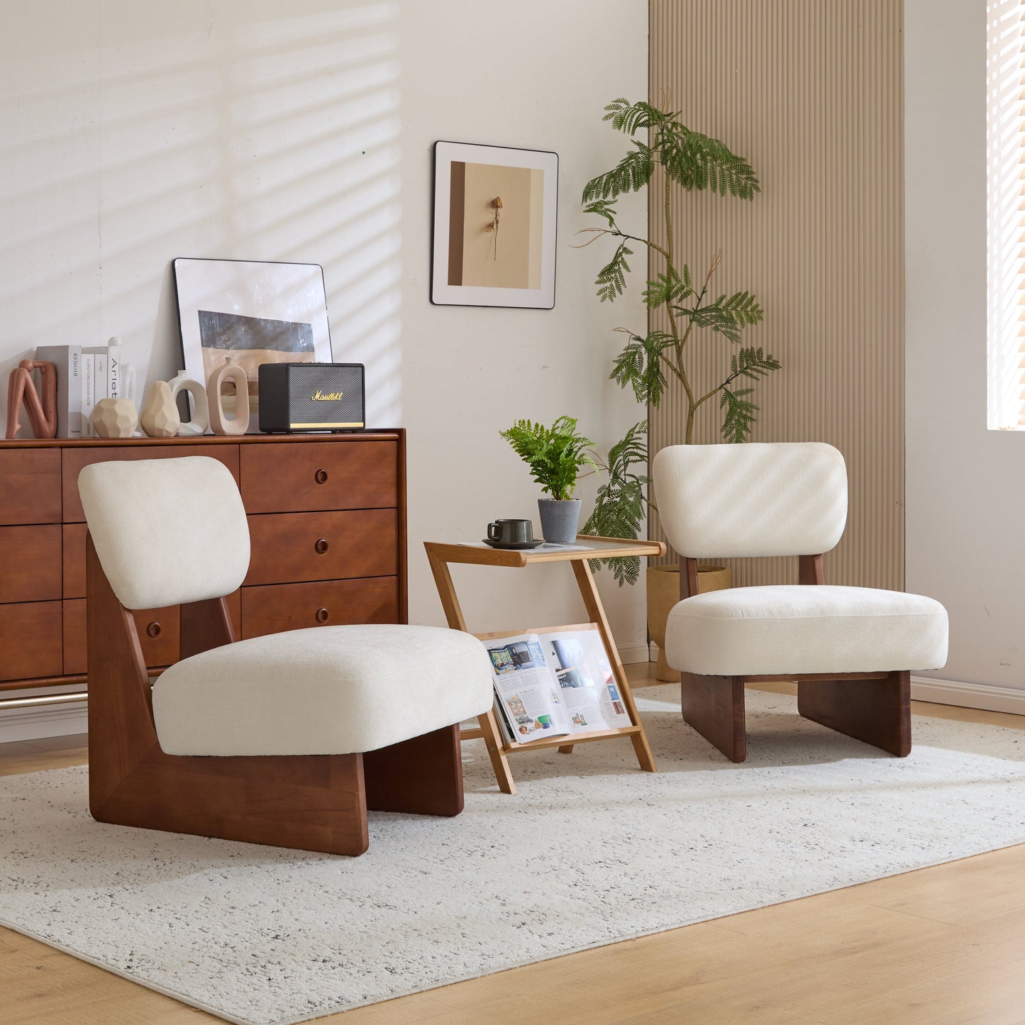 [Set of 2] Modern Beige Lounge Chair with Polyester Upholstery, Sturdy Wood Base With Walnut Finish, Minimalist and Stylish Accent Seating for Living Room, Bedroom, or Office