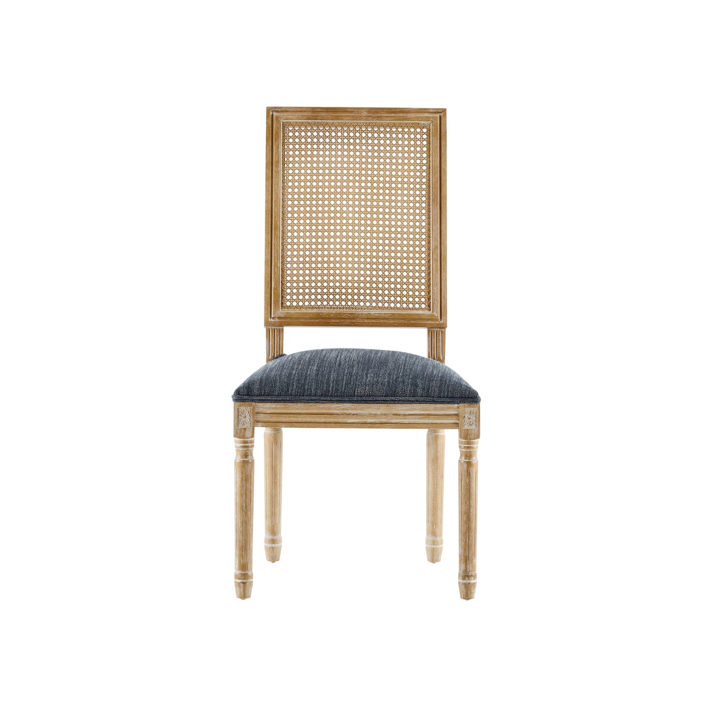 Vintage Inspired French Country Dining Chairs Set of 2 with Cane Backrest & Upholstered Seats in Rustic Weathered Finish