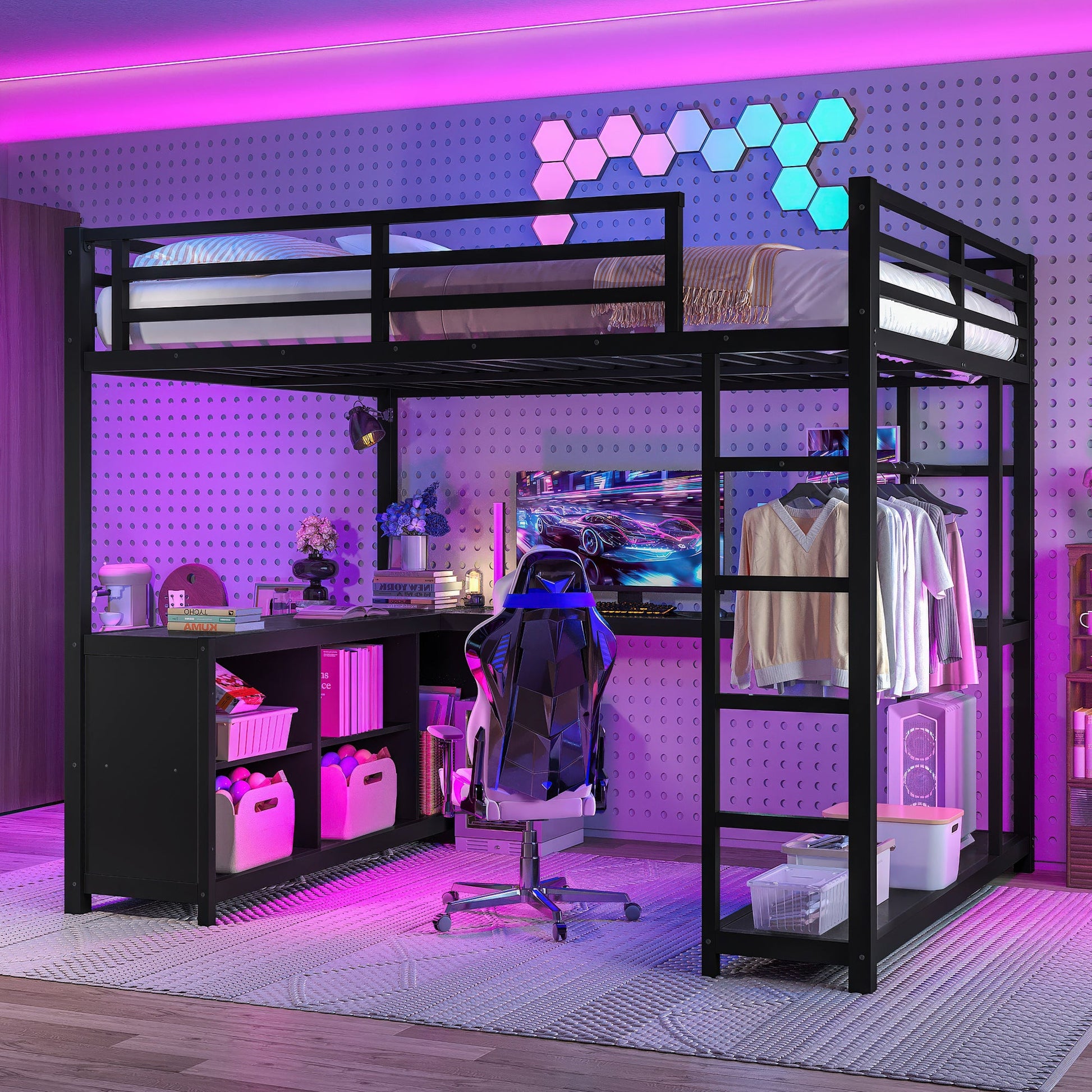 Bedroom Bedding & Decor: Metal Loft Bed with Wardrobe and L-shaped Desk, Queen Size Loft Bed with Storage Cubes and Shelves, Loft Bed for Kids Teens Adults, Black by Streamdale Furniture