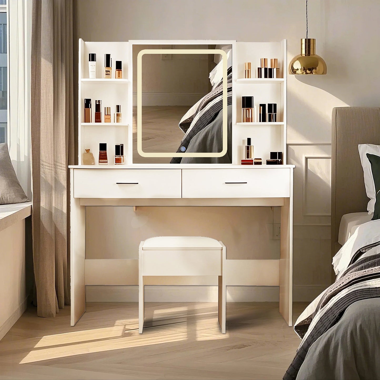 Vanity Desk with Mirror and LED Lights, 3 Lighting Modes and Power Outlet, 2 Spacious Drawers and Stool, White MDF