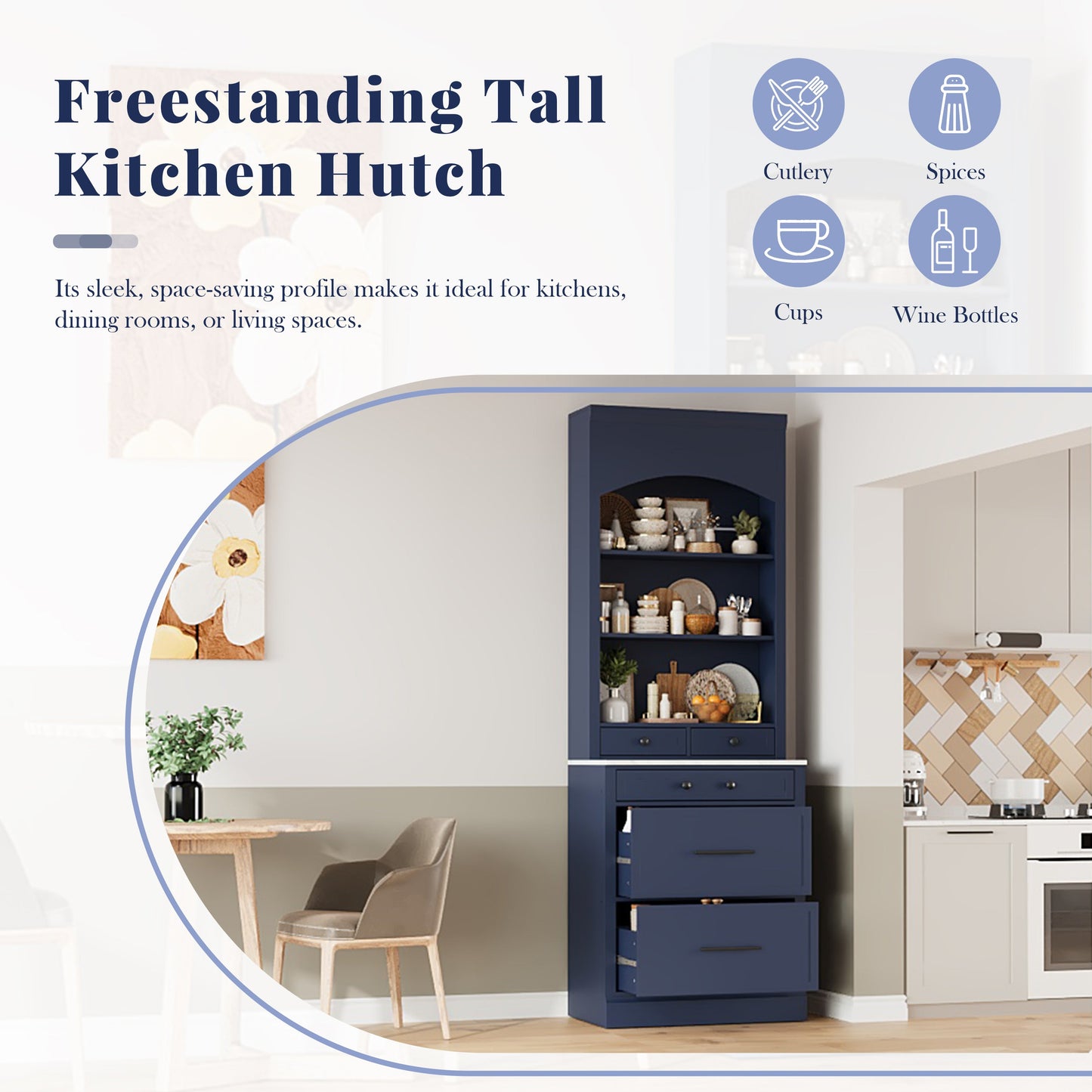 [Assembly Video Provided] TOPMAX Modern 83.7inch High Kitchen Pantry, Freestanding Tall Kitchen Hutch with Faux Marble Top,Cupboard Cabinet with 5 Storage Drawers and Adjustable Shelf, Set of 2, Blue
