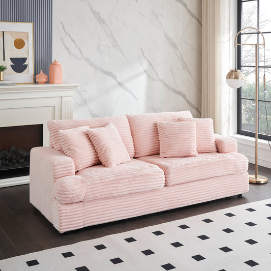 Bedroom Bedding & Decor: 88.58' corduroy 3-seater sofa, spacious and comfortable. Paired with 4 throw pillows in the same color, it adds an elegant touch to a modern living room.Pink by Streamdale Furniture