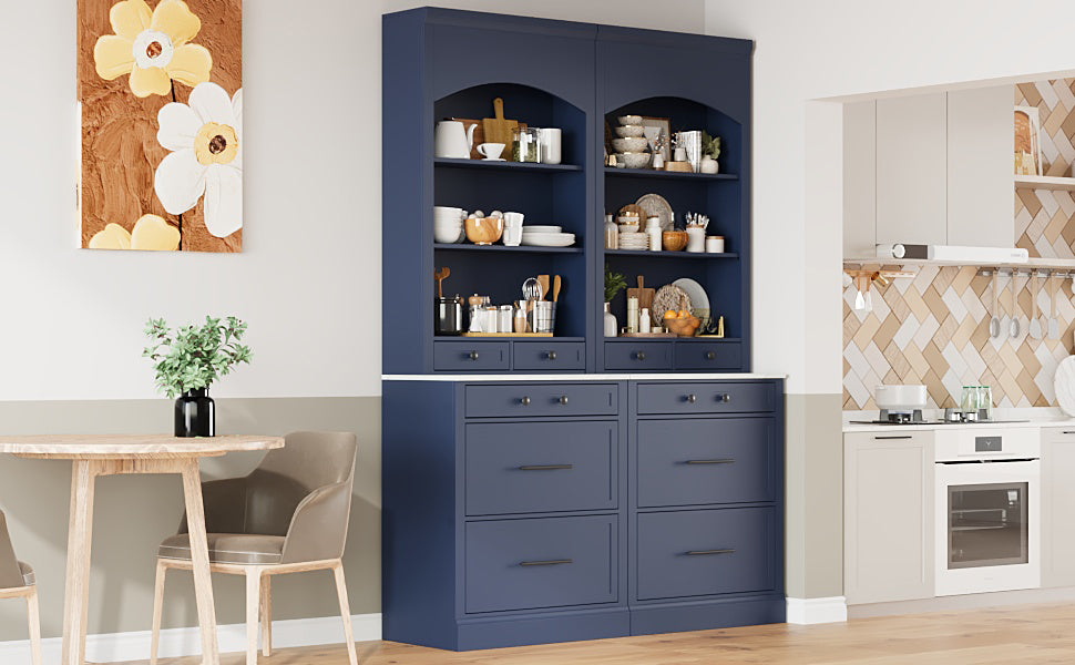 [Assembly Video Provided] TOPMAX Modern 83.7inch High Kitchen Pantry, Freestanding Tall Kitchen Hutch with Faux Marble Top,Cupboard Cabinet with 5 Storage Drawers and Adjustable Shelf, Set of 2, Blue