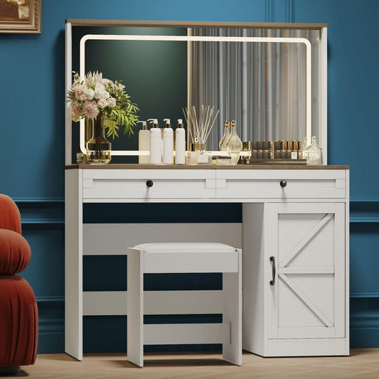 Smart Light Bulb: 43.3"Makeup Vanity Table, Makeup Table with Large Mirror and LED Light Strip, Brightness Adjustable, Dressing Table Desk with 3 Drawers, Vanity Desk for Women(White with Stool) by Streamdale Furniture