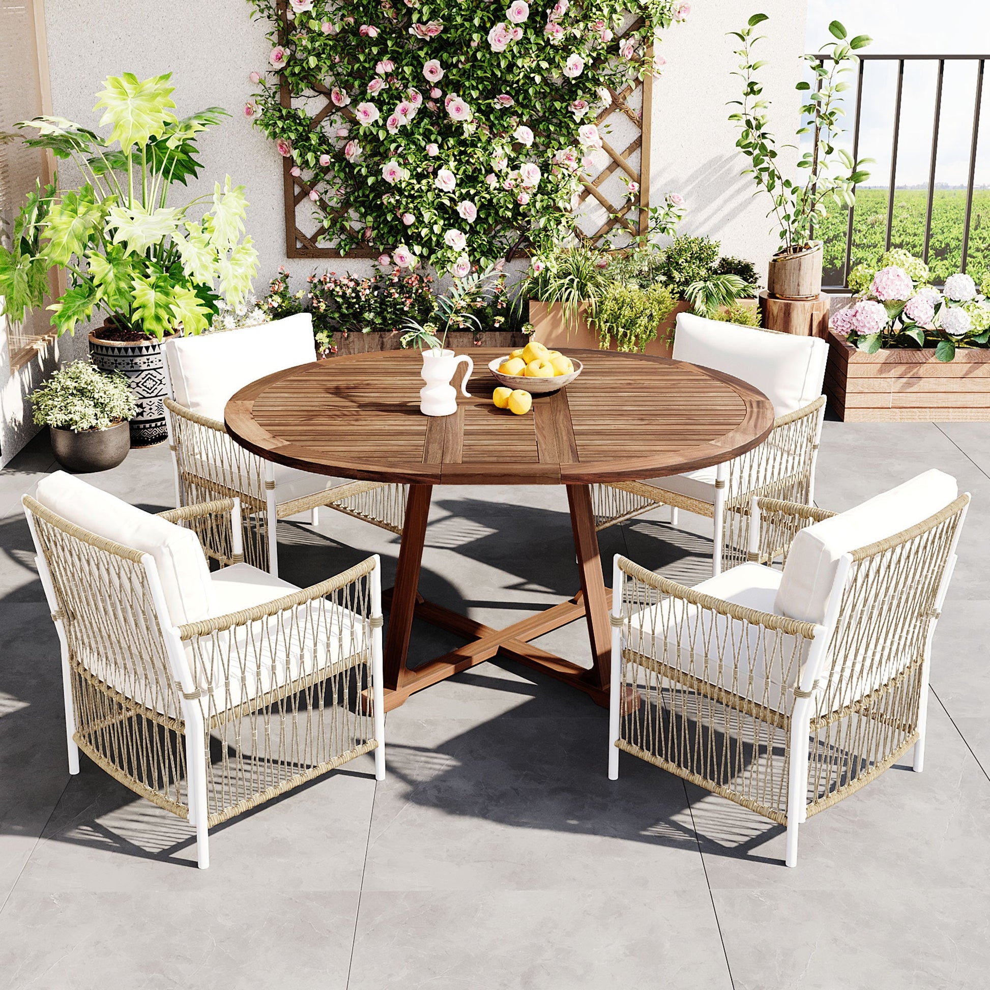 Smart Home Device: TOPMAX Modern 5-Piece Patio Extendable Wooden Dining Table Set, 12inch Butterfly Leaf Foldable Round Kitchen Table Set with 4 Rattan Arm Chairs for Backyard,Balcony, Garden, Poolside, Natural by Streamdale Furniture