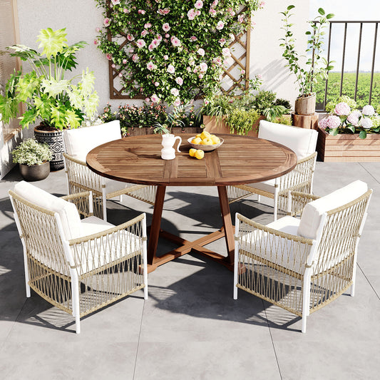 Smart Home Device: TOPMAX Modern 5-Piece Patio Extendable Wooden Dining Table Set, 12inch Butterfly Leaf Foldable Round Kitchen Table Set with 4 Rattan Arm Chairs for Backyard,Balcony, Garden, Poolside, Natural by Streamdale Furniture