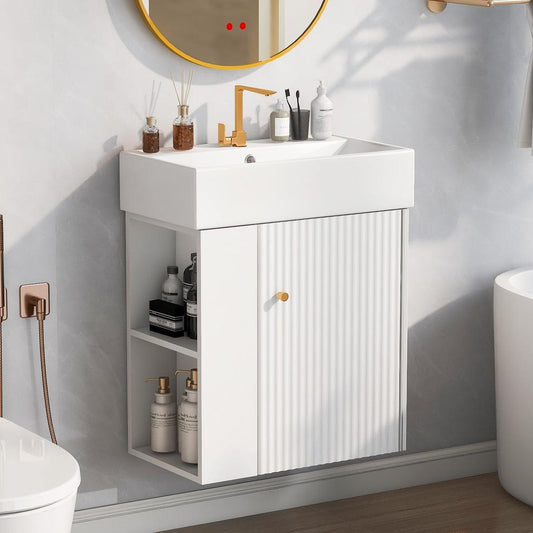 21.6inch Modern Floating Bathroom Vanity with Ceramic Basin - Perfect for Small Bathrooms, Left side storage