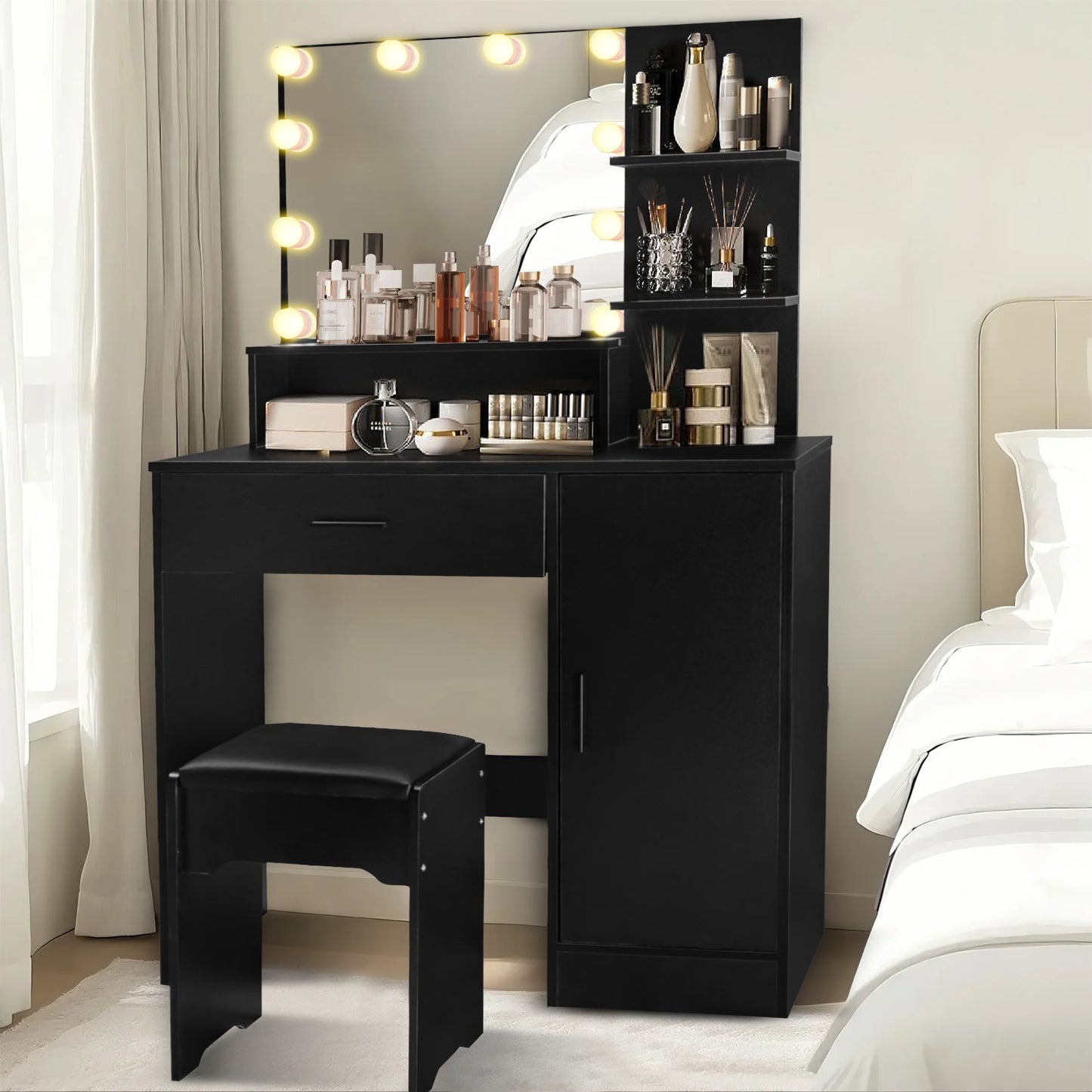 Vanity Desk with Mirror and Lights, Makeup Vanity with Drawer & Storage Cabinet, 3 Adjustable Lighting Colors, Makeup Desk with Open Shelves for Bedroom, Dressing Room, Black
