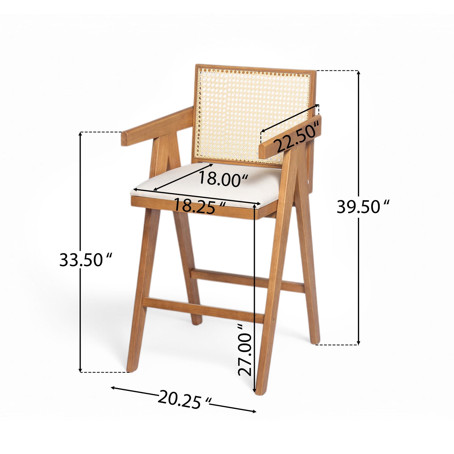 27' Height, Cream Woven Cane Plastic Backrest Bar Stool - Foam-Padded Fabric Seat & Durable Rubberwood Frame