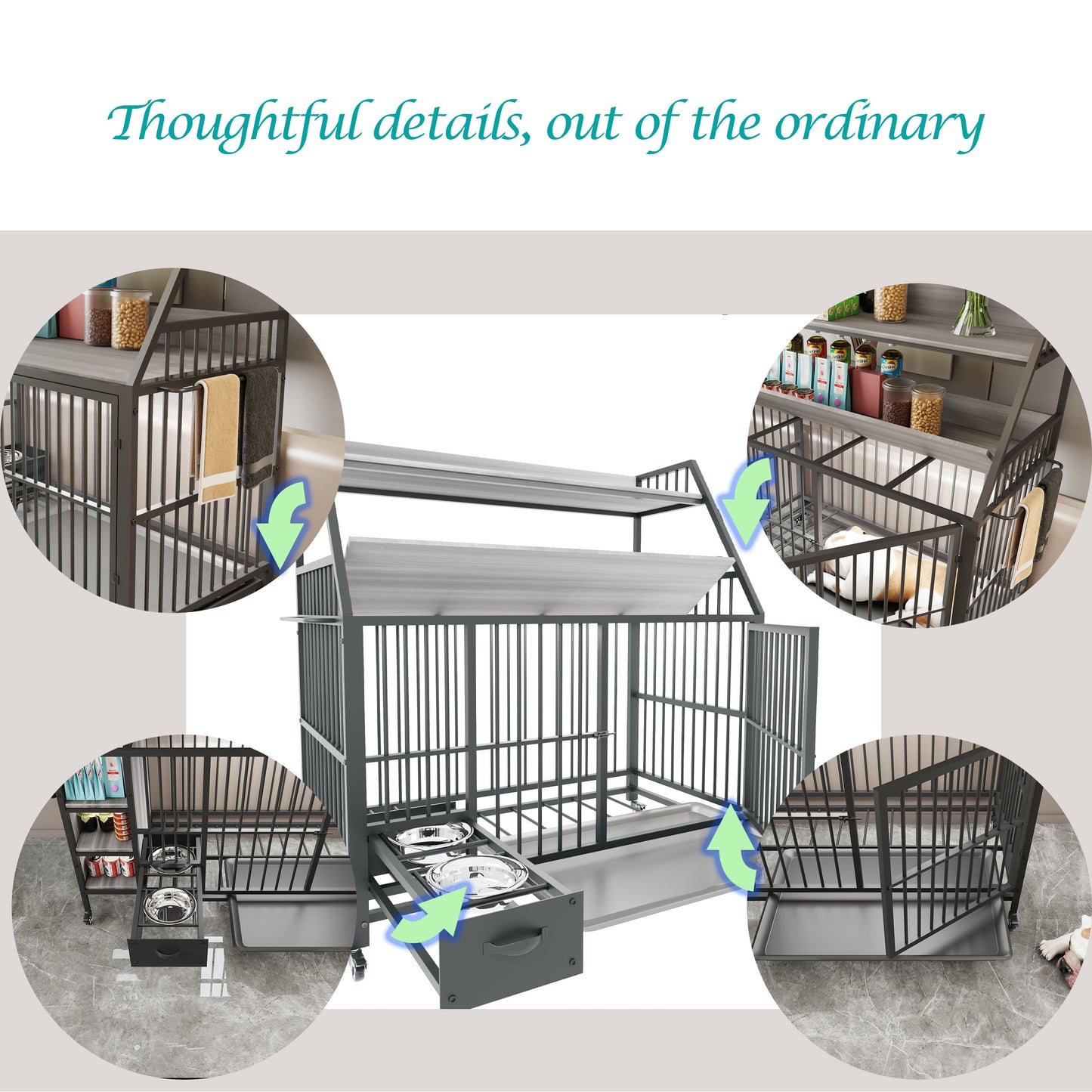 Kitchen Tools & Cookware: Large pet cage with storage rack, drawers with stainless steel food and water basins, double-layer storage rack made of iron frame and MDF material, sturdy, exquisite, and practical (black+smoke gray) by Streamdale Furniture
