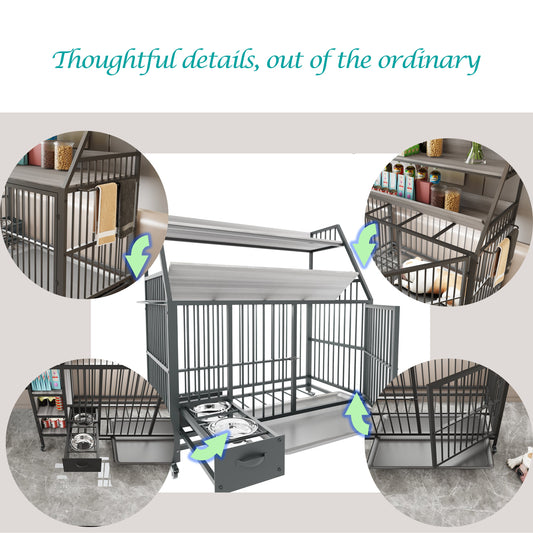 Kitchen Tools & Cookware: Large pet cage with storage rack, drawers with stainless steel food and water basins, double-layer storage rack made of iron frame and MDF material, sturdy, exquisite, and practical (black+smoke gray) by Streamdale Furniture
