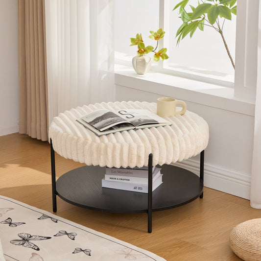 Kitchen Tools & Cookware: Modern Upholstered Round Ottoman Coffee Table with Storage Shelf and Black Metal Legs, Beige Faux Fur by Streamdale Furniture