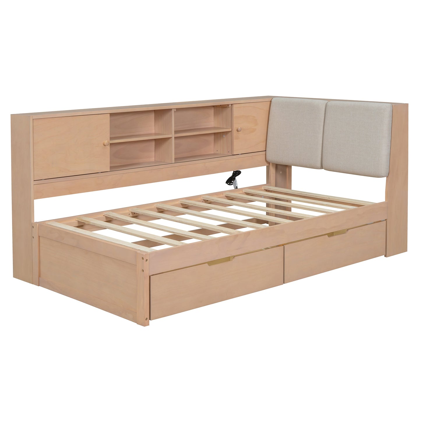 Wooden Twin Size L-shaped Daybed Corner Bed Under-bed Drawers  with Storage Bookcase and Upholstered Headboard and USB Charging Ports for Limited Space,Natural