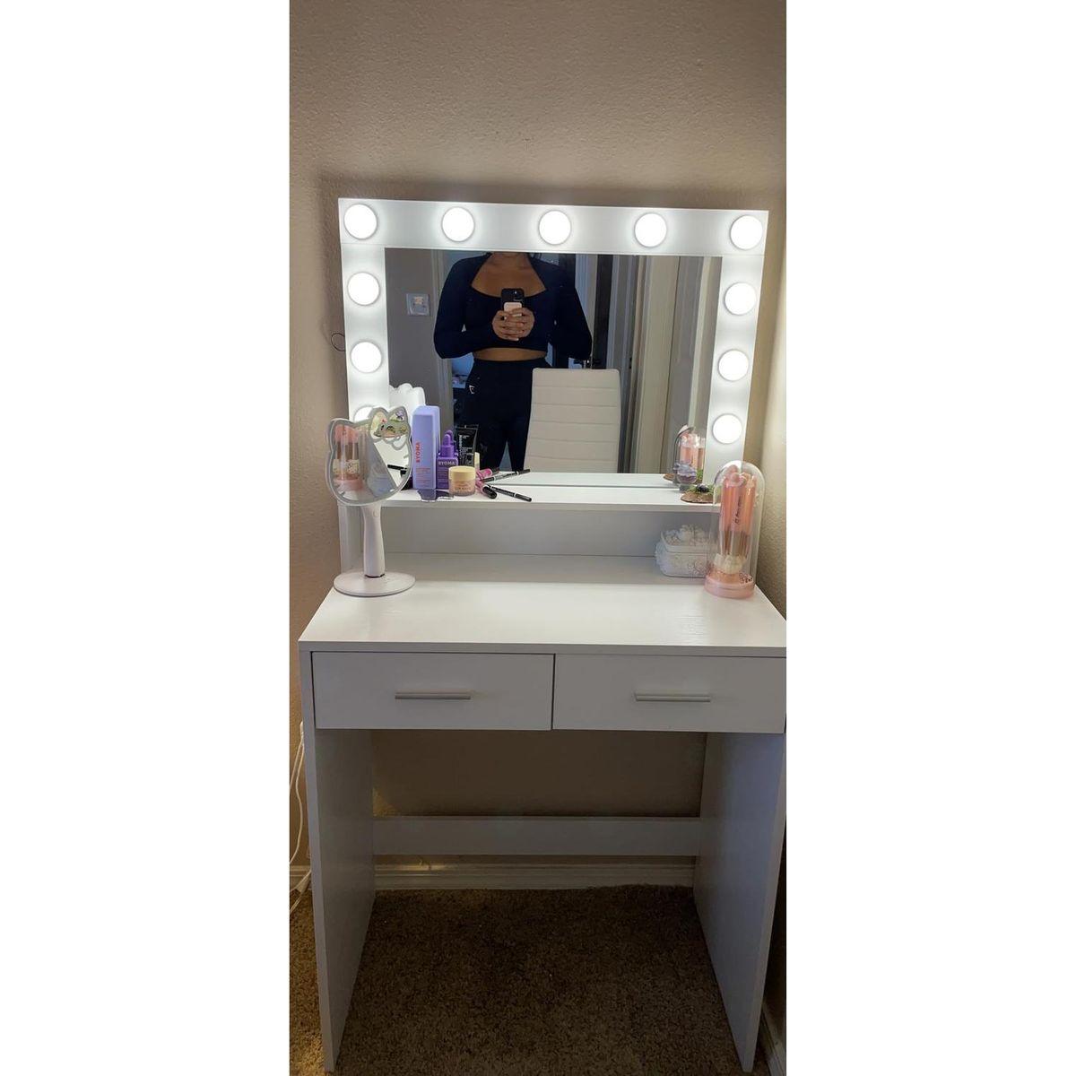 Vanity Desk with Mirror and Lights, Dressing Table with Large Drawer, 2 Level Storage Dresser & 3 Lighting Modes Adjustable Brightness, Suitable for Bedroom(White)