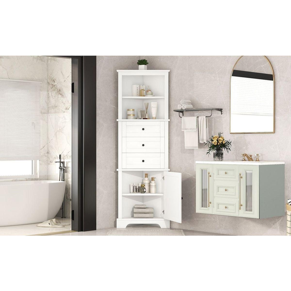 White Triangle Tall Cabinet with 3 Drawers and Adjustable Shelves for Bathroom, Kitchen or Living Room, MDF Board with Painted Finish