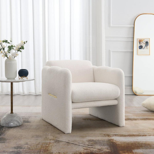 Bedroom Bedding & Decor: Arm Chair with waved arms, Metal decoration on both side arms, Accent chair for Primary Living Space, Living room, Bedroom,Teddy Fabric, White by Streamdale Furniture