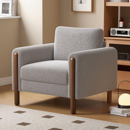 Bedroom Bedding & Decor: Oversized Accent Chair, Upholstered Living Room Chairs Single Sofa Chair with Walnut Legs, Curved handrail, Grey by Streamdale Furniture