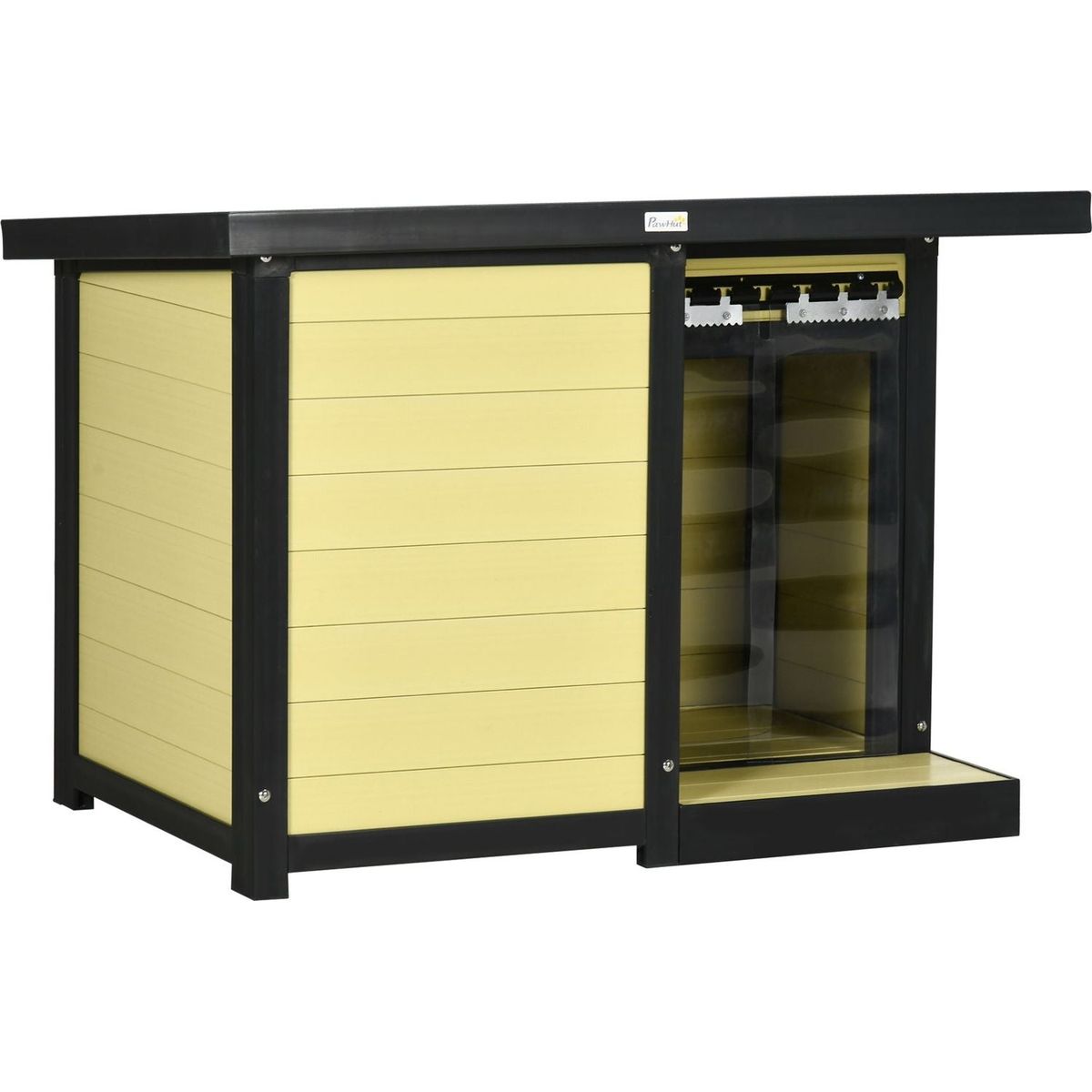 Smart Home Device: Outdoor Indoor Dog House with Openable Top, Weather Resistant Dog Kennel with Porch, Pet Furniture for Small and Medium Sized Dogs, Natural Wood by Streamdale Furniture