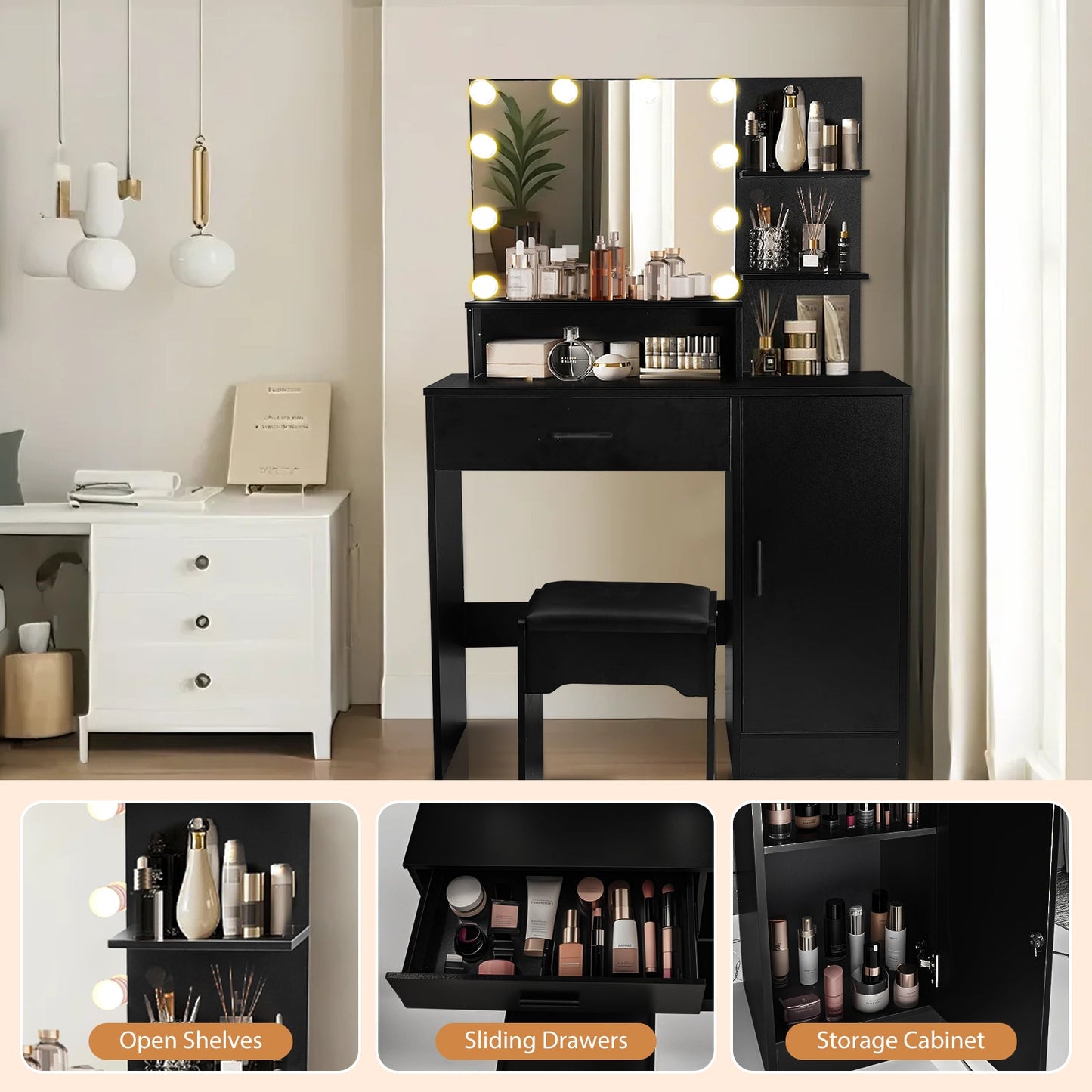 Vanity Desk with Mirror and Lights, Makeup Vanity with Drawer & Storage Cabinet, 3 Adjustable Lighting Colors, Makeup Desk with Open Shelves for Bedroom, Dressing Room, Black