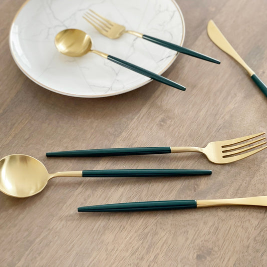 Dining & Tableware: Altin 6 Piece Flatware Set - Forest Green and Gold by Tea + Linen