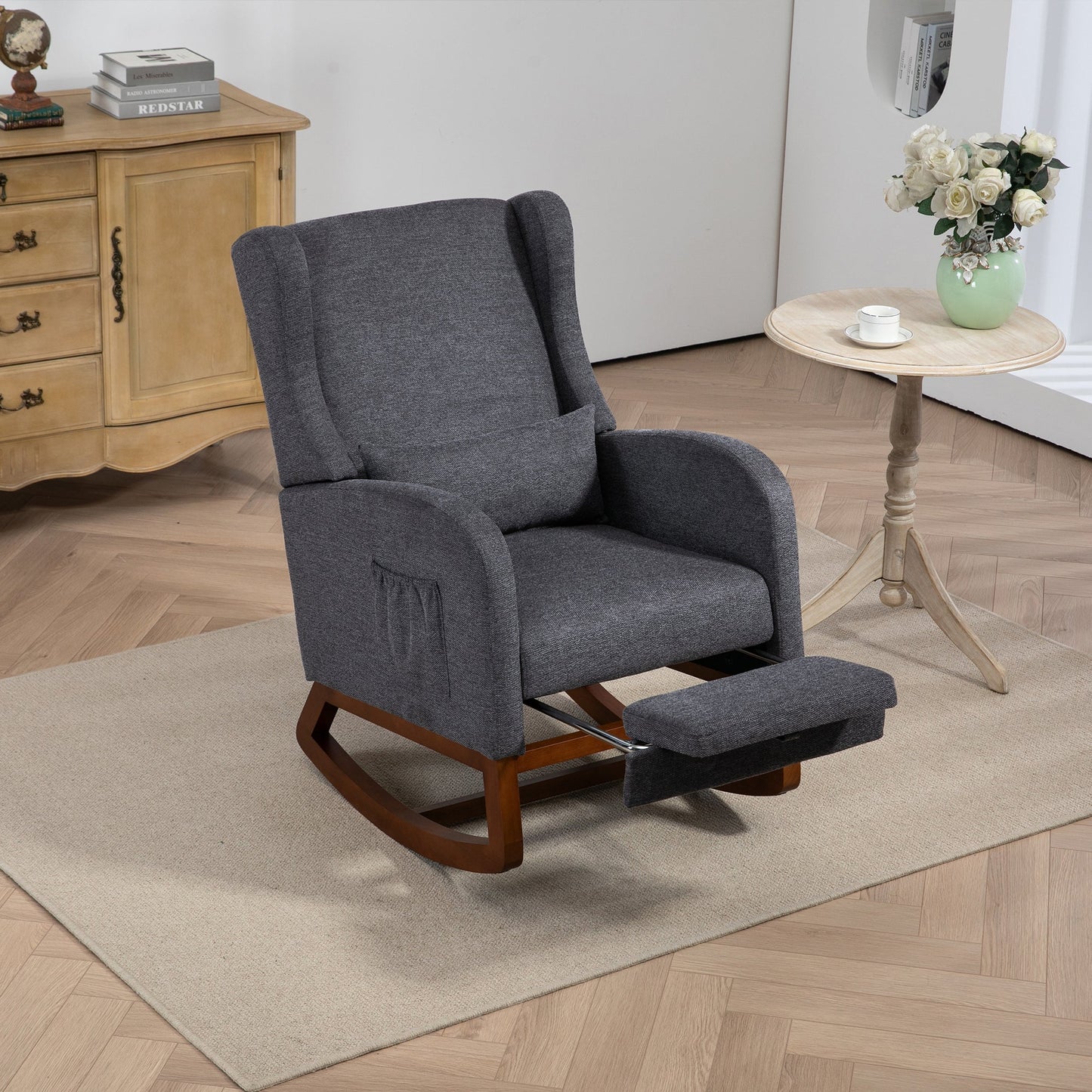 25.4'W Modern Rocking Chair for Nursery, Mid Century Accent Arm Rocker With Retractable Footrest, Side Pocket, Comfy Upholstered Wingback Wooden Glider Chair for Living Room Baby Kids Room. Charcoal