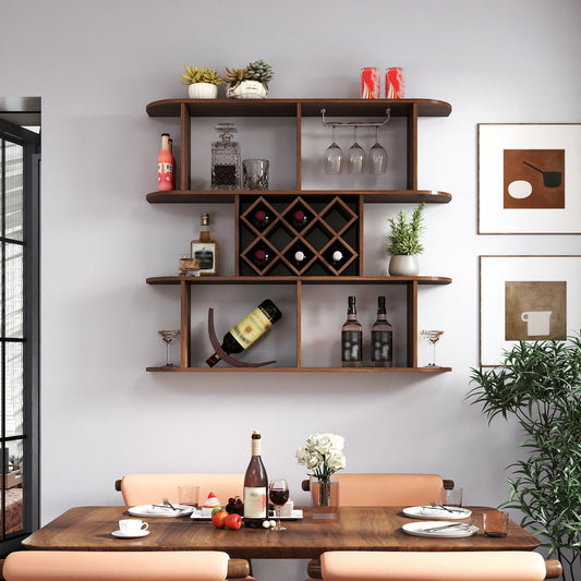 Dining & Tableware: Large Wall Mounted 3 Tier  Rustic Bottle Wine Rack,Multifunctional Wooden Wall Mounted Wine Rack,Storage Rack with Wine Glass Holder,mounted wall Storage winerack Rack for Home Bar Dining Room Decor by Streamdale Furniture