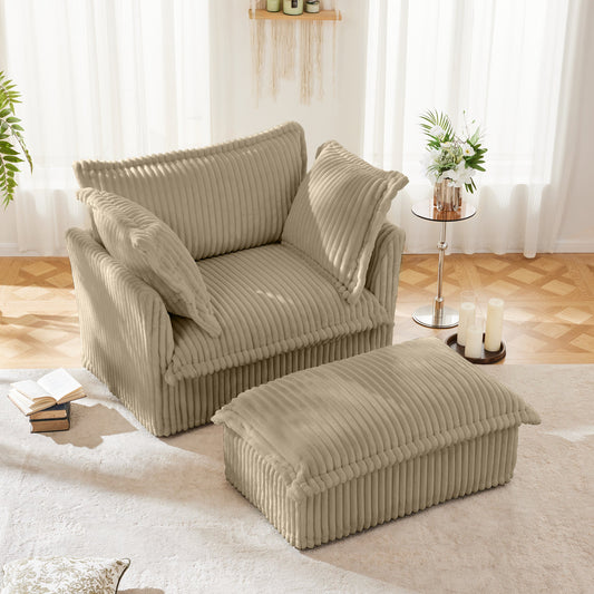 Upholstered Slipcovered Armchair with Ottoman,  Deep Seat Armchair W/ Wide Ottoman for Living Room, Armchair Sets with Large Soft Pillows(Set of 2), Camel Corduroy Fabric