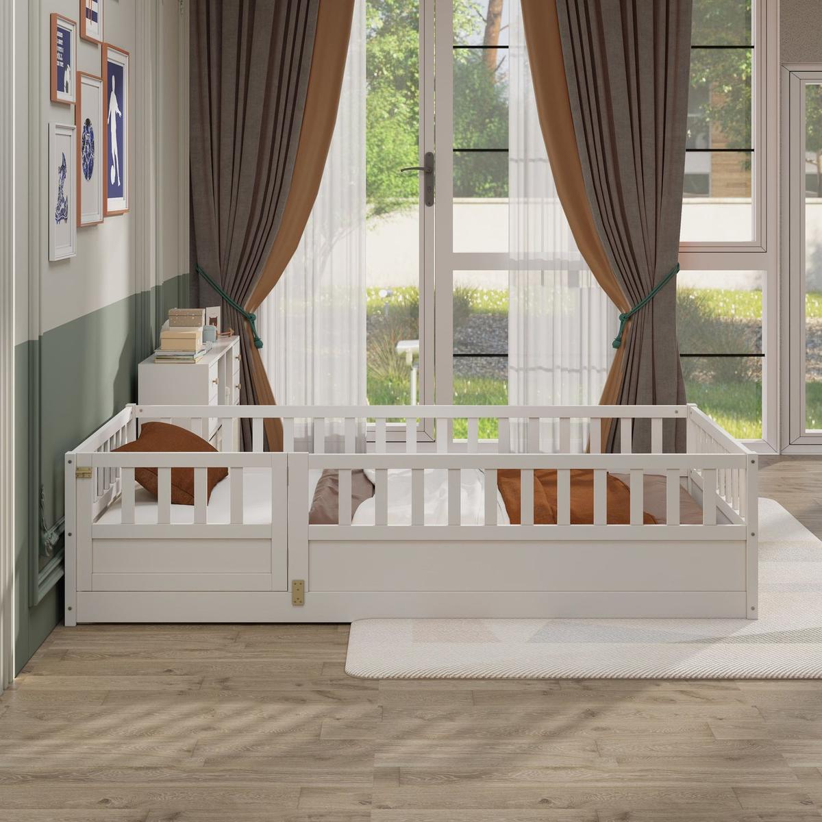 Bedroom Bedding & Decor: Twin Size Floor bed, integral construction with super high security barrier, door, children's floor bed frame, Montessori wooden children's floor bed, white by Streamdale Furniture