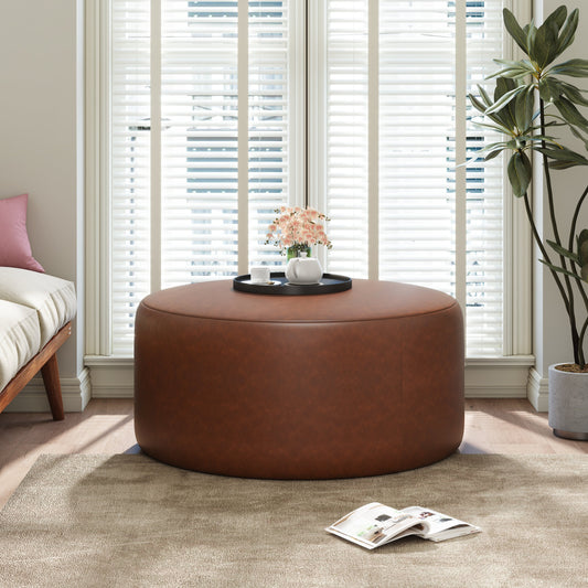 Upholstered Round Ottoman,PU Leather,Brown